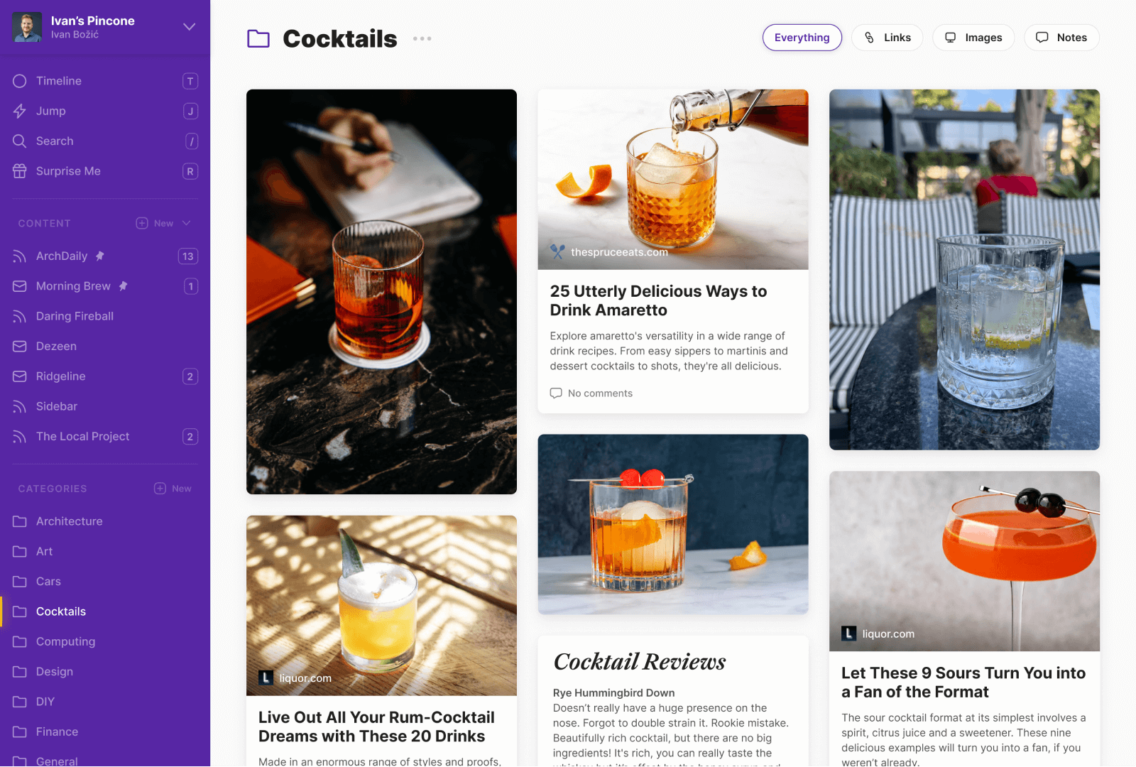 A screenshot of Pincone showing a category filled with interesting content.